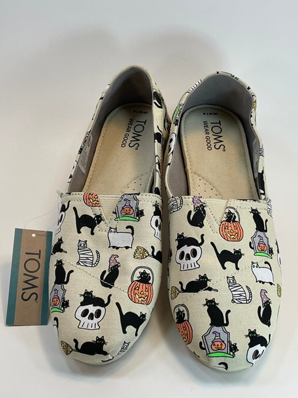 NWT TOMS Belmont Natural Halloween Cats Slip On Shoes Size 7.5